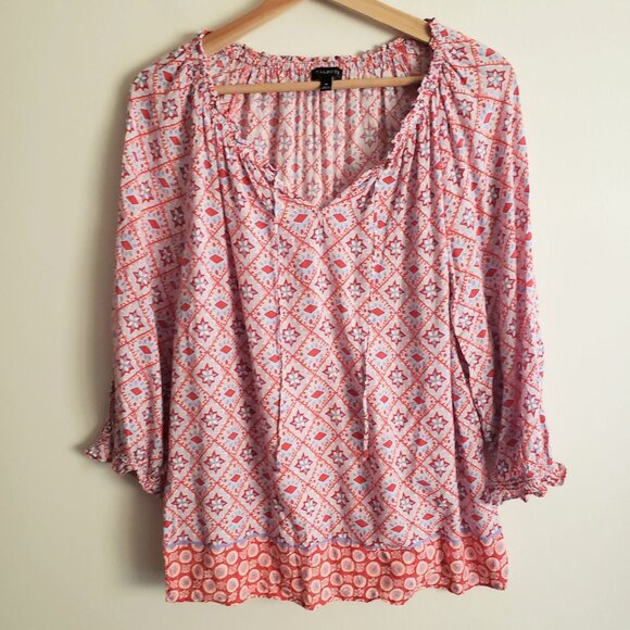 Talbots Red Print Peasant Blouse M Flowy Lightweight Relaxed Fit Top - Picture 1 of 11